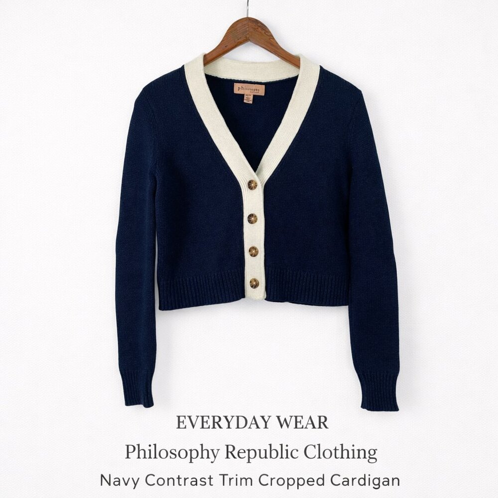 Philosophy Republic Clothing Navy Ivory Trim Cropped Cardigan XS Petite